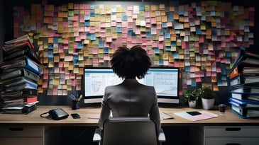 Small business owner facing dual monitors in a cluttered workspace, representing communication overload before switching to a unified solution.