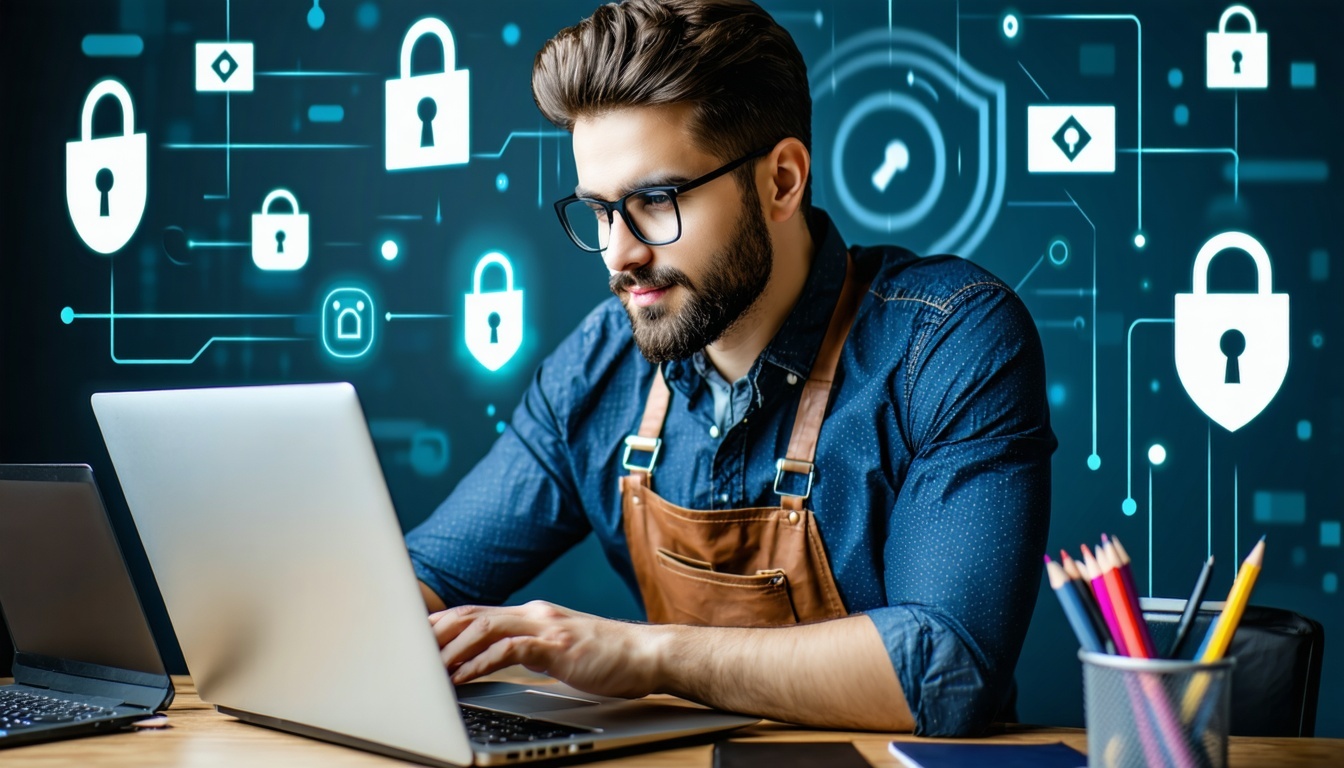 A small business owner working on a laptop, surrou